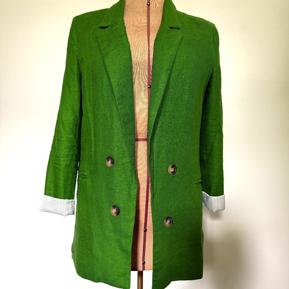 Green Double-Breasted Blazer with Striped Lining • Fits Like XS